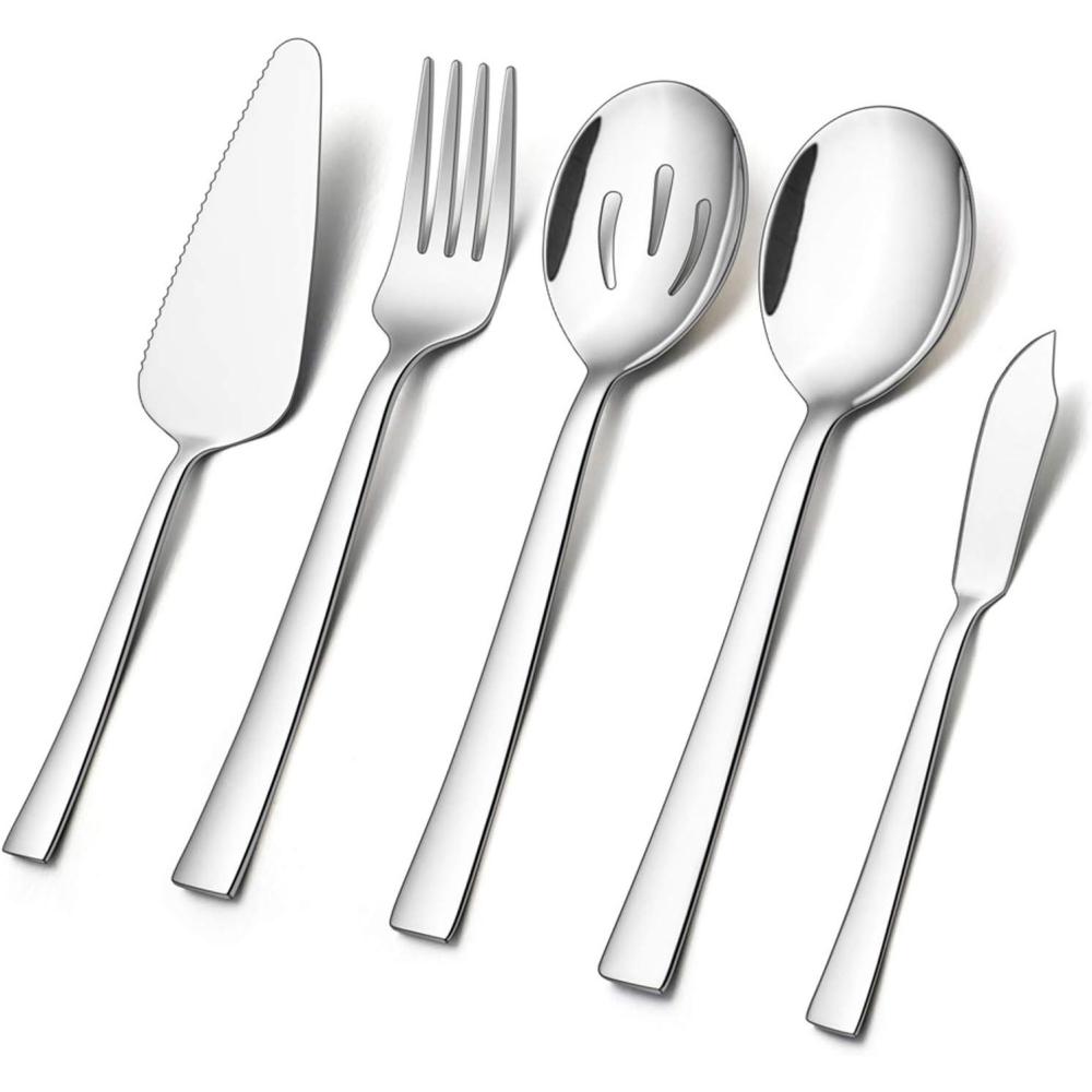 imageEfar 5Piece Serving Utensils Stainless Steel Square Edge Hostess Serving Set for Buffet Party Kitchen Restaurant Mirror Finished amp Dishwasher SafeSilver