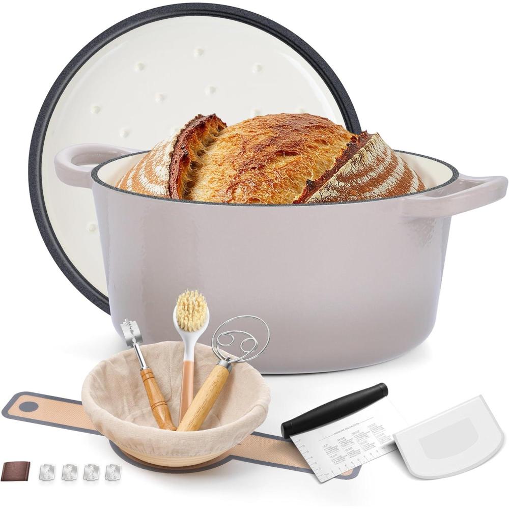 imageEfar 5QT Dutch Oven for Bread Baking 2IN1 Cast Iron Pot with Skillet Lid amp Sourdough Starter Kit Bread Oven Pan with Baking Supplies for Frying Braising BBQ RustFree amp Heavy DutyKhaki