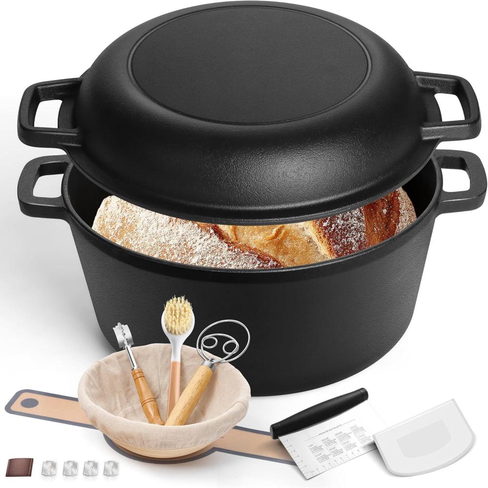 imageEfar 5QT Dutch Oven for Bread Baking 2IN1 Cast Iron Pot with Skillet Lid amp Sourdough Starter Kit Bread Oven Pan with Baking Supplies for Frying Braising BBQ RustFree amp Heavy DutyBlack