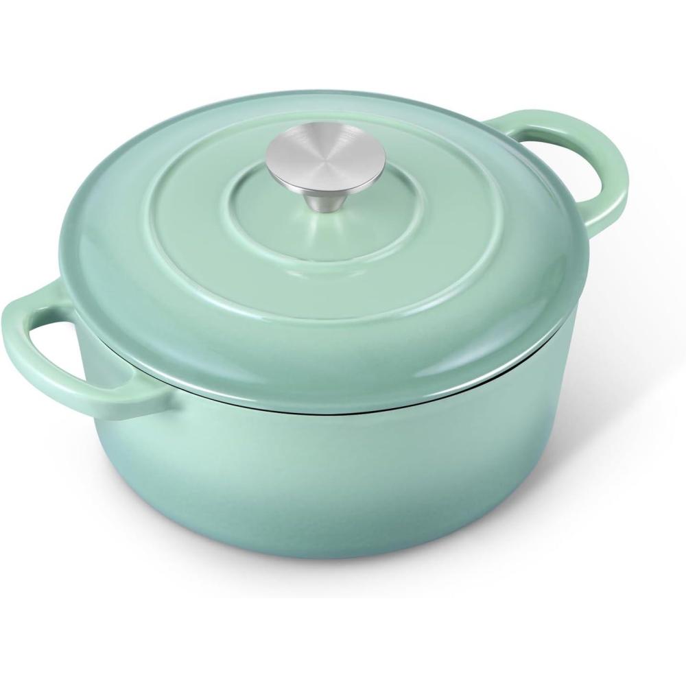 imageEfar 6 Quart Enameled Cast Iron Dutch Oven with Lid Round Dutch Oven Pot Nonstick Cookware for Braising Stews Roasting Bread Baking Cooking Heavy Duty Induction amp Oven Safe BlueSage Green