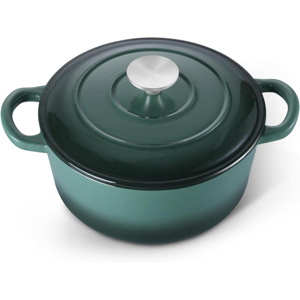 imageEfar 6 Quart Enameled Cast Iron Dutch Oven with Lid Round Dutch Oven Pot Nonstick Cookware for Braising Stews Roasting Bread Baking Cooking Heavy Duty Induction amp Oven Safe BlueForest Green