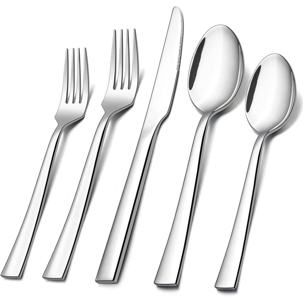 imageEfar 60Piece Silverware Set Stainless Steel Flatware Set Service for 12 Tableware Cutlery Set for Home Restaurant Party Dinner ForksSpoonsKnives Square Edge amp Mirror Polished Dishwasher Safe10 Pieces