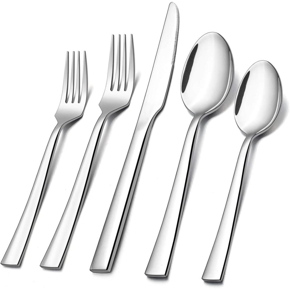 imageEfar 60Piece Silverware Set Stainless Steel Flatware Set Service for 12 Tableware Cutlery Set for Home Restaurant Party Dinner ForksSpoonsKnives Square Edge amp Mirror Polished Dishwasher Safe60 Pieces