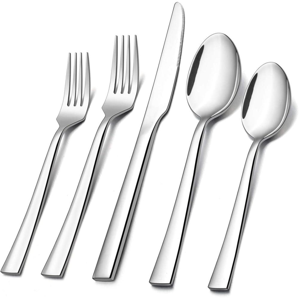 imageEfar 60Piece Silverware Set Stainless Steel Flatware Set Service for 12 Tableware Cutlery Set for Home Restaurant Party Dinner ForksSpoonsKnives Square Edge amp Mirror Polished Dishwasher Safe20 Pieces