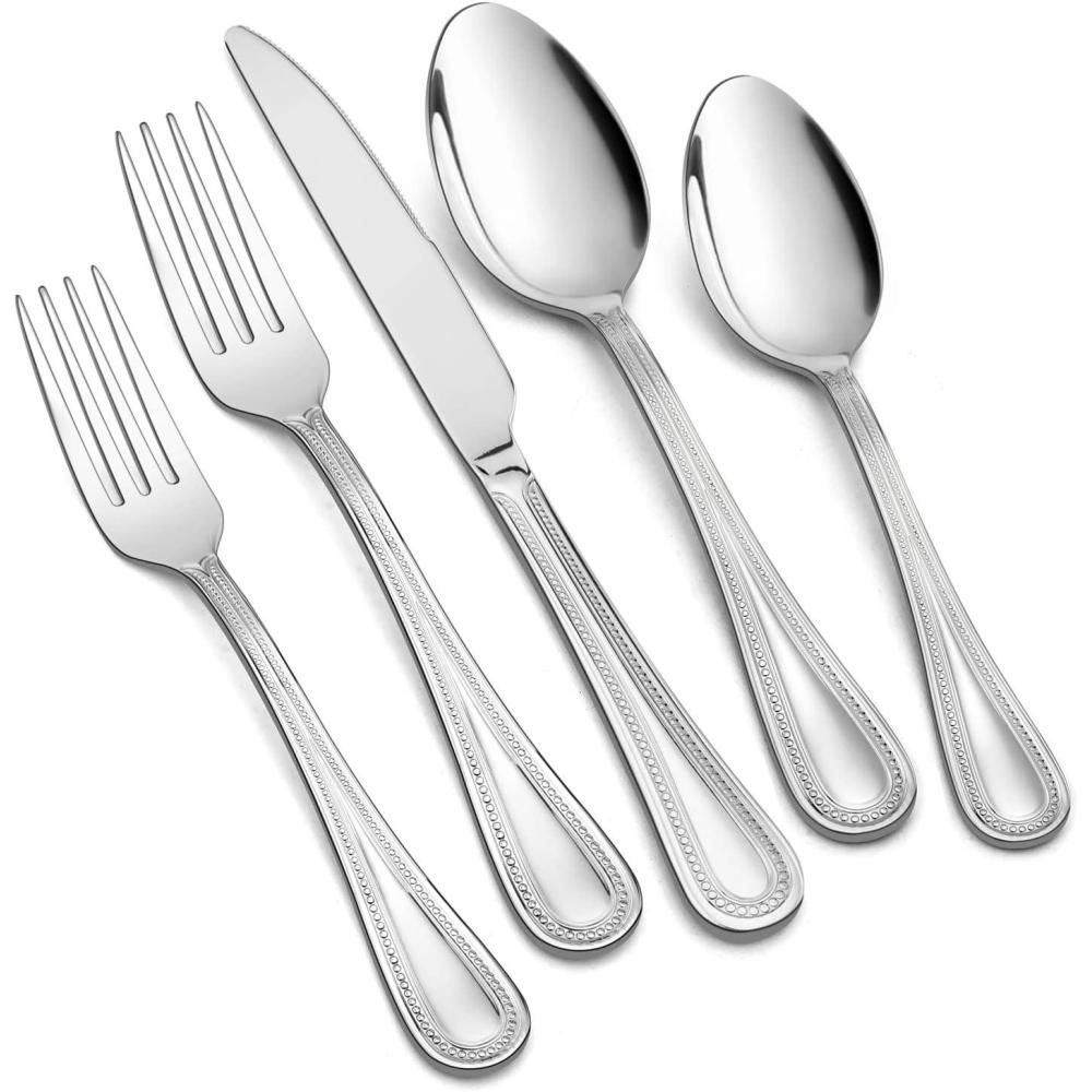 imageEfar 60Piece Silverware Set for 12 Stainless Steel Flatware Cutlery Set with Pearled Edge Include Forks Spoons and Knives Modern Tableware Eating Utensils for Kitchen Restaurant Dishwasher SafeSilver
