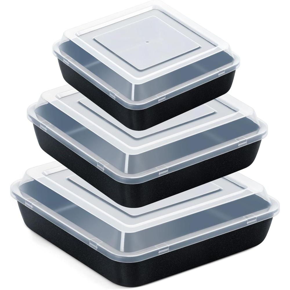 imageEfar 689Inch Square Cake Pan with lid Set Nonstick Square Baking Brownie Pans Bakeware Set of 3 Stainless Steel Core amp Easy Clean 6 Pieces3 Pans 3 CoversNonstick