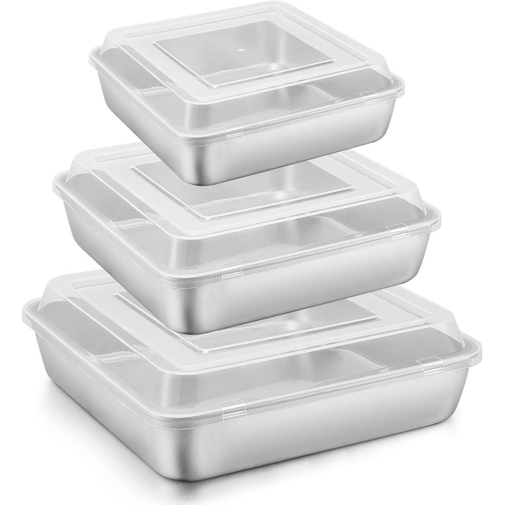 imageEfar 689Inch Square Cake Pan with lid Set Nonstick Square Baking Brownie Pans Bakeware Set of 3 Stainless Steel Core amp Easy Clean  6 Pieces3 Pans  3 CoversStainless Steel