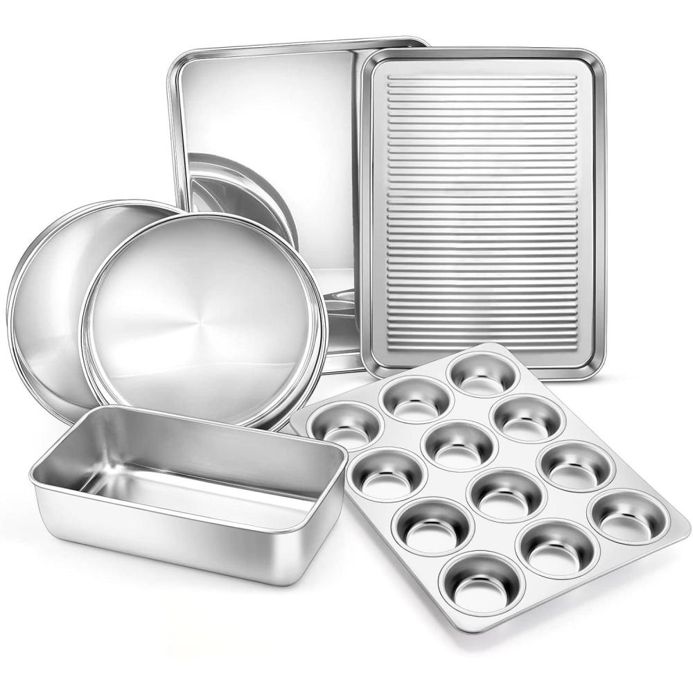 imageEfar 6Piece Baking Pans set Stainless Steel Bakeware Set for Oven Include 8Inch Cake PanRectangle Baking Cookie SheetMuffinLoaf Pan NonToxic amp Heavy Duty Dishwasher Safe6 Pieces