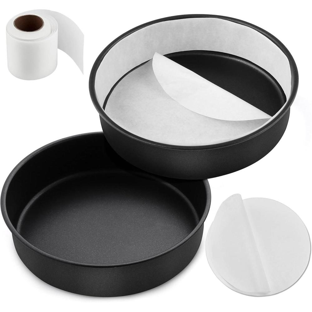 imageEfar 8 Inch Cake Pans Set of 2 Nonstick Stainless Steel Small Round Baking Pans with Parchment Paper amp Side Liner Roll Stainless Steel Core amp Nontoxic Coating Straight Side amp 2 Inch Deep8 Inches