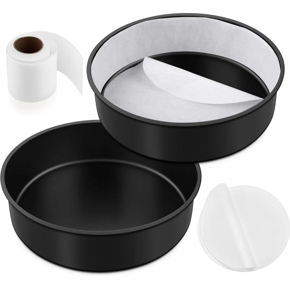 imageEfar 8 Inch Cake Pans Set of 2 Nonstick Stainless Steel Small Round Baking Pans with Parchment Paper amp Side Liner Roll Stainless Steel Core amp Nontoxic Coating Straight Side amp 2 Inch Deep95 Inches