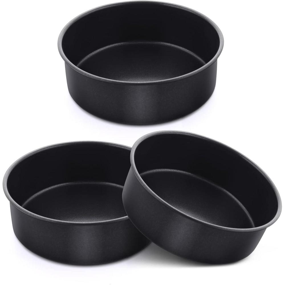 imageEfar 95 Inch Cake Pan Set of 3 Nonstick Round Baking Layer Cake Pans Stainless Steel Core amp NonToxic Coating 2 Inch Deep Black6 Inches