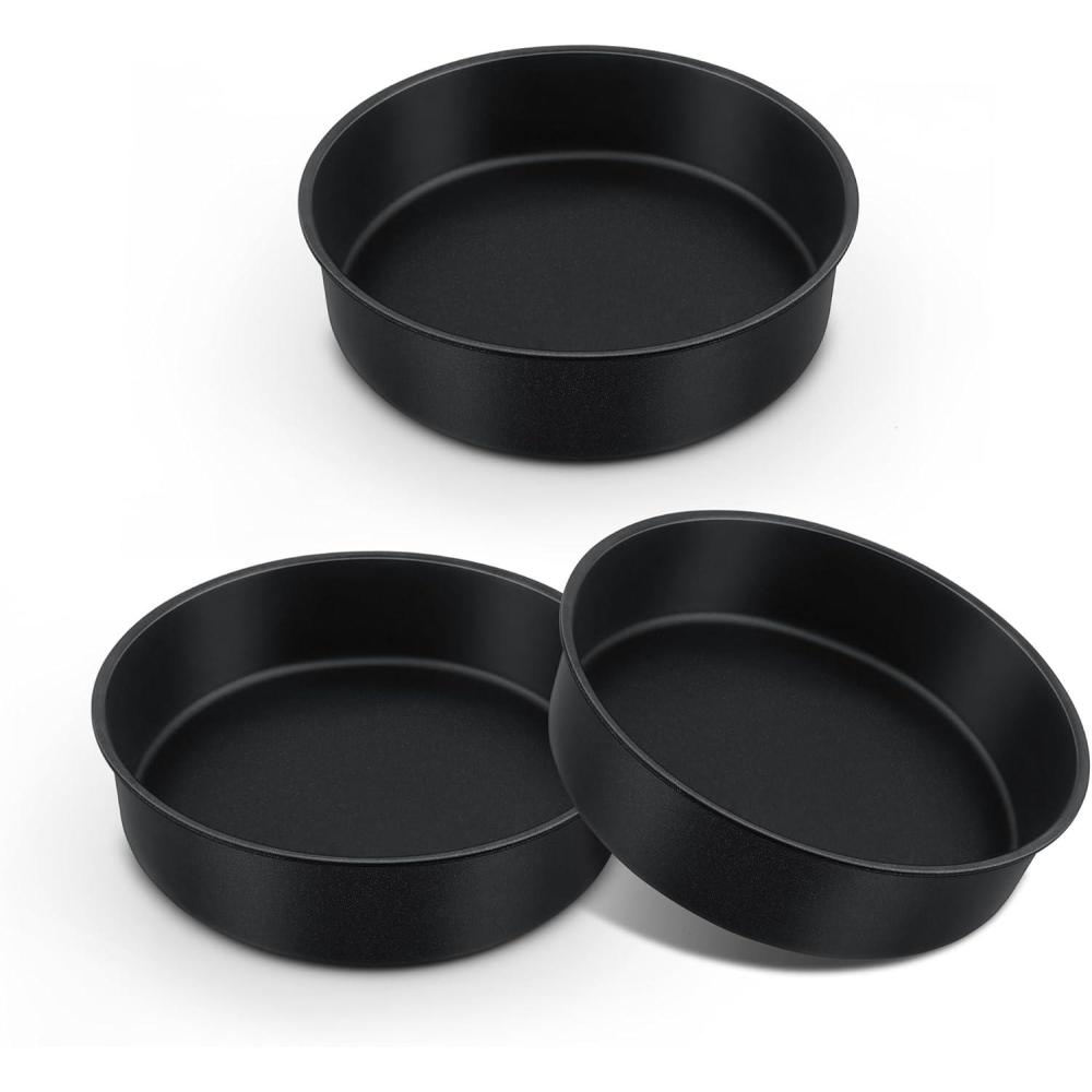 imageEfar 95 Inch Cake Pan Set of 3 Nonstick Round Baking Layer Cake Pans Stainless Steel Core amp NonToxic Coating 2 Inch Deep Black8 Inches