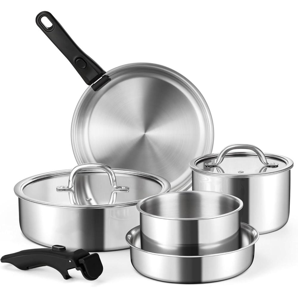 imageEfar 9pcs Stainless Steel Cookware Set 3Ply Pots and Pans Set wDetachable Handle amp Lid Induction Cookware Kitchen Cooking Set for RV Camping Nontoxic Whole Clad FryingSauteSauce Pan Oven Safe