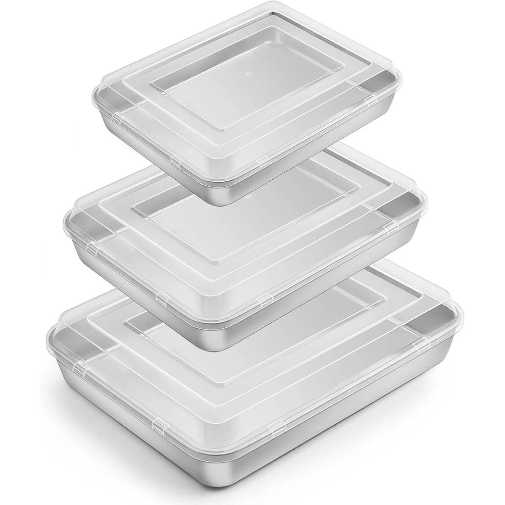 imageEfar Baking Pan with Lid12410494 inch Stainless Steel Rectangular Sheet Cake Pans with Cover Metal Bakeware Sets for Lasagna Casseroles Brownie Nontoxic amp Dishwasher Safe  3 Pans  3 Lids