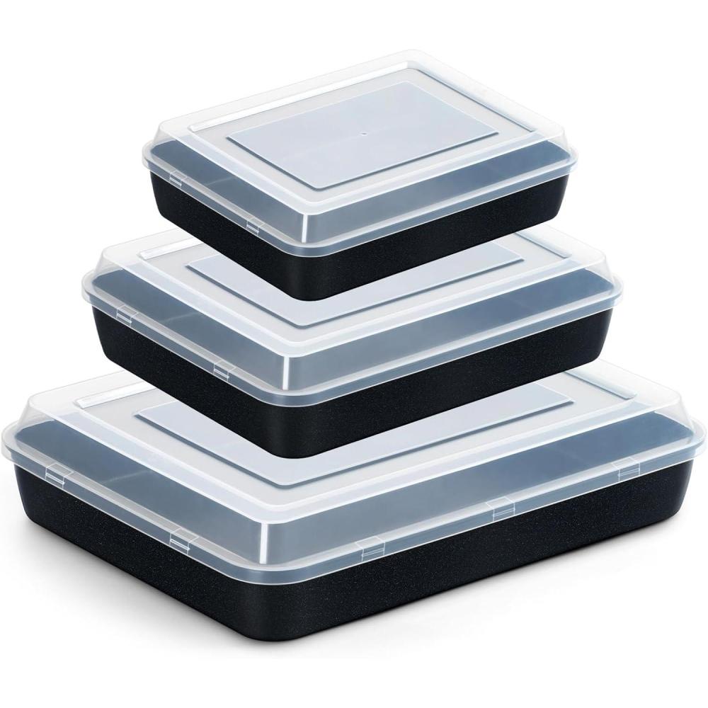 imageEfar Baking Pans with Lids Set of 3 Nonstick Sheet Cake Pan for Oven Lasagna Brownie Casserole 12510594Inch Rectangle Metal Bakeware Set Stainless Steel Core 6 Pieces3 Pans 3 Covers