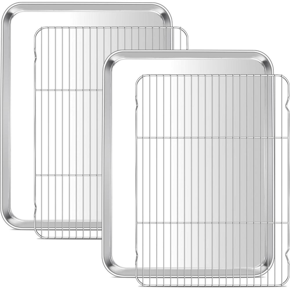 imageEfar Baking Sheet with Wire Rack 2 Pans 2 Racks Stainless Steel Cookie Sheets Pan amp Cooling Rack for Baking Cookies Cake Non Toxic amp Heavy Duty Oven amp Dishwasher Safe 124 x 97 x 1 Inch20x14