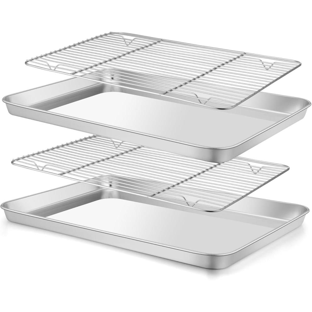 imageEfar Baking Sheet with Wire Rack 2 Pans 2 Racks Stainless Steel Cookie Sheets Pan amp Cooling Rack for Baking Cookies Cake Non Toxic amp Heavy Duty Oven amp Dishwasher Safe 124 x 97 x 1 Inch16x12