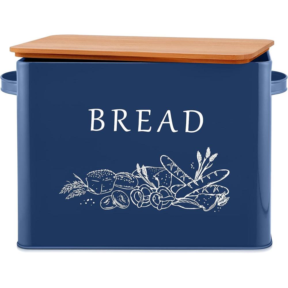 imageEfar Bread Box for Kitchen Countertop Metal Bread Storage Container Bin with Bamboo Lid for Cutting Bread Extra Large amp Farmhouse Style 13 x 72 x98 BlackNavy Blue