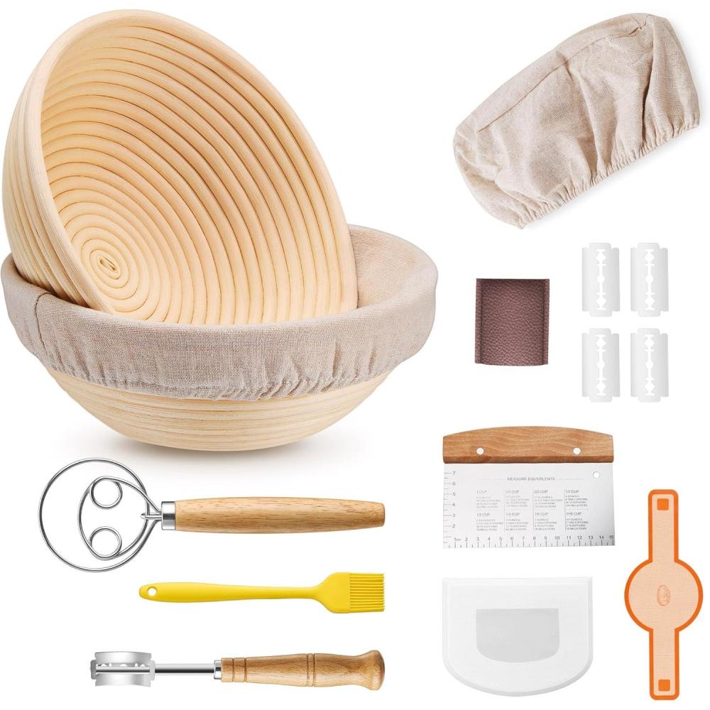 imageEfar Bread Proofing Basket 9 Inch Round and 10 Inch Oval Sourdough Bread Baking Supplies Complete Sourdough Starter Kit for Beginners9Round 9Round