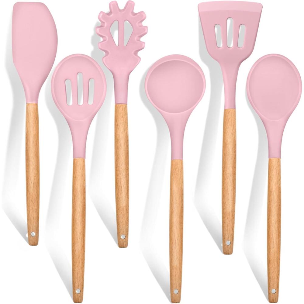 imageEfar Cooking Utensils Set of 6 Silicone Kitchen Utensils with Wooden Handle Nonstick Cookware Friendly amp Heat Resistant Includes SpatulaLadleSlotted TurnerServing SpoonSpaghetti ServerGrayPink