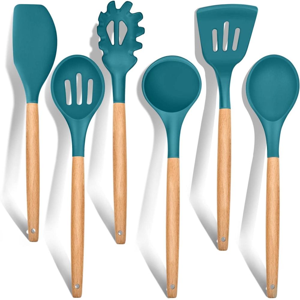 imageEfar Cooking Utensils Set of 6 Silicone Kitchen Utensils with Wooden Handle Nonstick Cookware Friendly amp Heat Resistant Includes SpatulaLadleSlotted TurnerServing SpoonSpaghetti ServerGrayTeal Blue