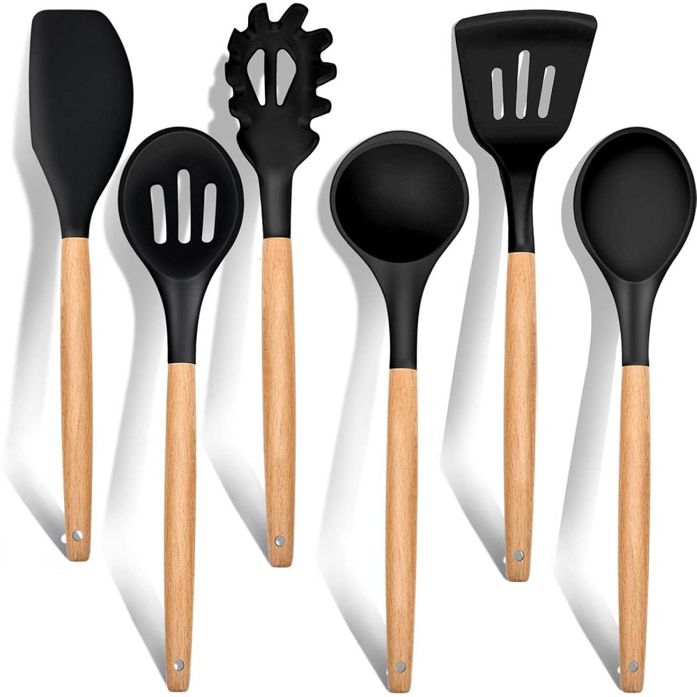 imageEfar Cooking Utensils Set of 6 Silicone Kitchen Utensils with Wooden Handle Nonstick Cookware Friendly amp Heat Resistant Includes SpatulaLadleSlotted TurnerServing SpoonSpaghetti ServerGrayBlack