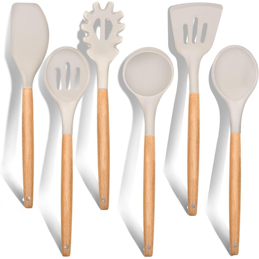 imageEfar Cooking Utensils Set of 6 Silicone Kitchen Utensils with Wooden Handle Nonstick Cookware Friendly amp Heat Resistant Includes SpatulaLadleSlotted TurnerServing SpoonSpaghetti ServerGrayKhaki