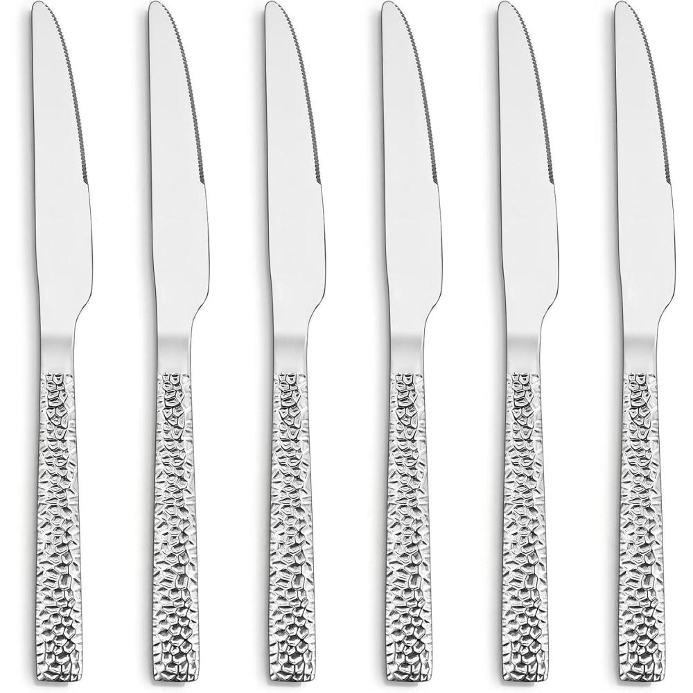 imageEfar Dinner Knives Set of 6 89 Inch Stainless Steel Serrated Steak Butter Knife for Home Kitchen Restaurant Modern Design amp Square Edge Mirror Finish amp Dishwasher SafeHammered Square Edge