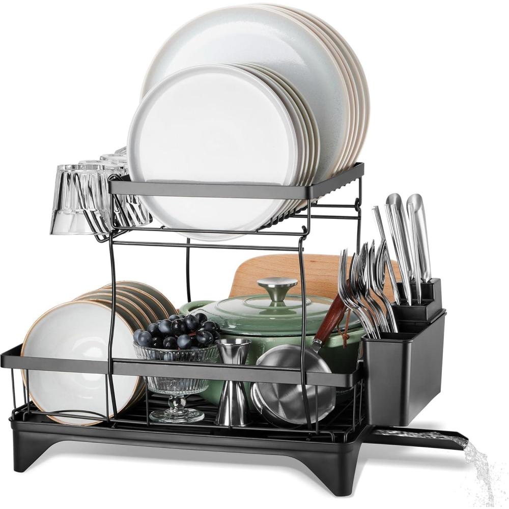imageEfar Dish Drying Rack for Kitchen Counter 2 Tier Small Dish Drainer Drying Rack 167 x 118 x 139 Metal Organizer with Drainboard and Utensil Holder Large Capacity amp Space Saving Black