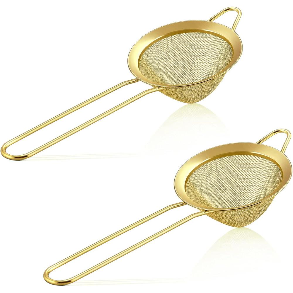 imageEfar Fine Mesh Strainer Set of 2 33 Inches Stainless Steel Tea Strainer with Long Handle Small Conical Mesh Strainers Sieve for Cocktail Coffee Food Rust Proof amp Easy to Clean SilverGold2