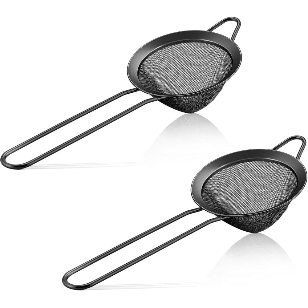 imageEfar Fine Mesh Strainer Set of 2 33 Inches Stainless Steel Tea Strainer with Long Handle Small Conical Mesh Strainers Sieve for Cocktail Coffee Food Rust Proof amp Easy to Clean SilverBlack2
