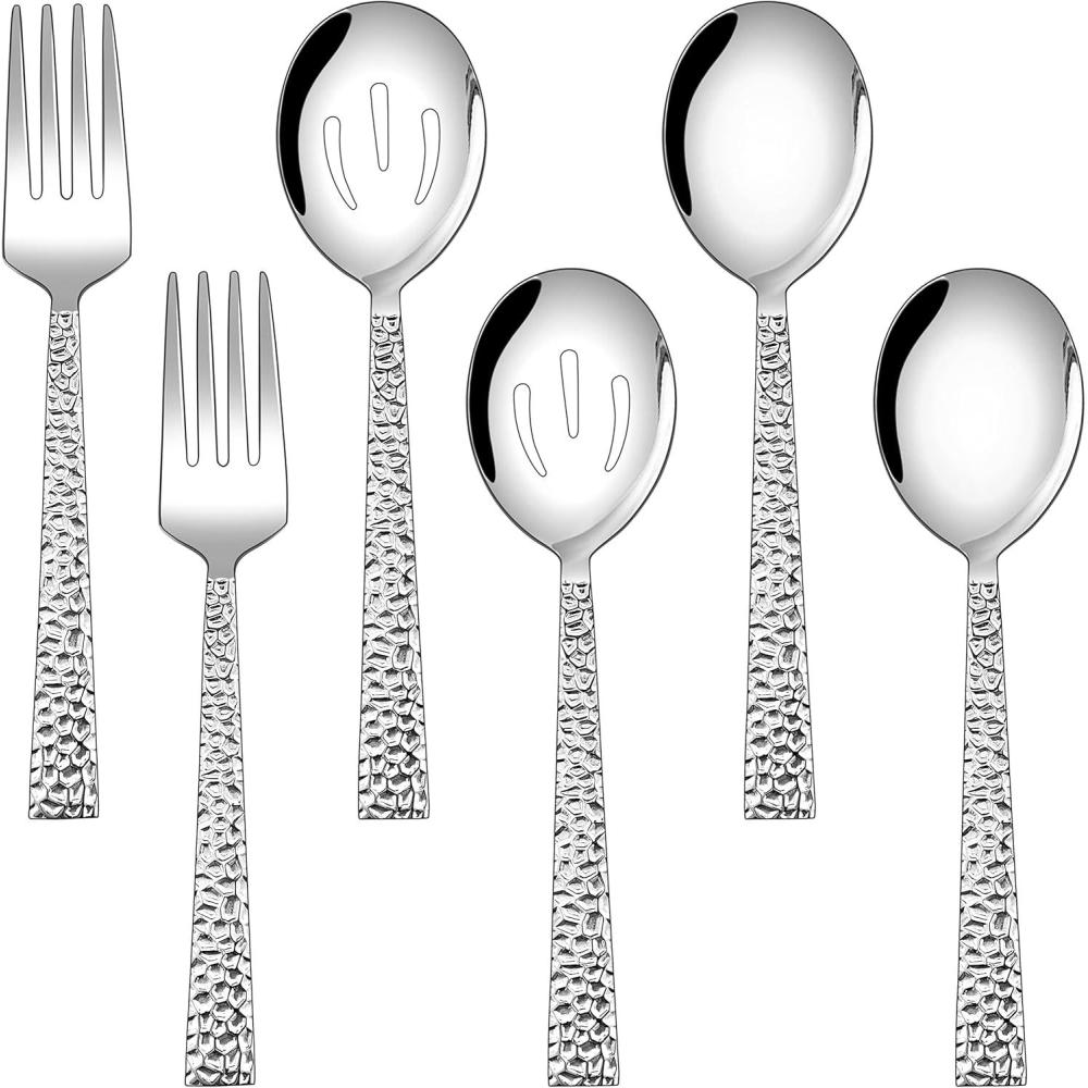 imageEfar Hammered Serving Utensils Set of 6 Stainless Steel 87 Inch Square Hostess Serving Set Metal Serving Spoon Slotted Spoons Forks for Party Buffet Catering Mirror Finished amp Dishwasher Safe