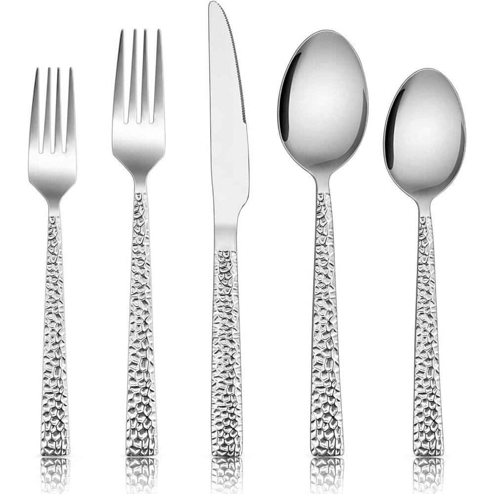 imageEfar Hammered Silverware Set 40Piece Stainless Steel Square Flatware Set for 8 Metal Tableware Cutlery Set Includes Dinner KnivesForksSpoons Modern Design amp Mirror Polished Dishwasher Safe50Piece for 10