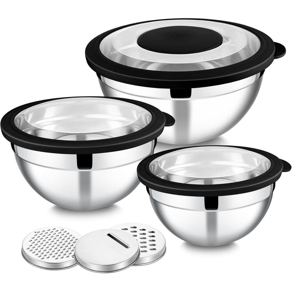 imageEfar Mixing Bowls Set of 5 Stainless Steel Salad Mixing Bowl with Transparent Lid Metal Nesting Bowl Attach with 3 Graters for Kitchen PreppingServingBakingStorage 462615107 QT BlackBlack