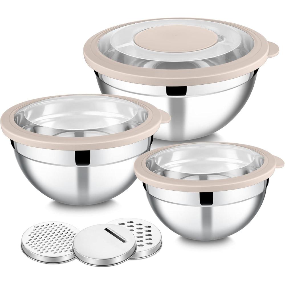 imageEfar Mixing Bowls Set of 5 Stainless Steel Salad Mixing Bowl with Transparent Lid Metal Nesting Bowl Attach with 3 Graters for Kitchen PreppingServingBakingStorage 462615107 QT BlackKhaki