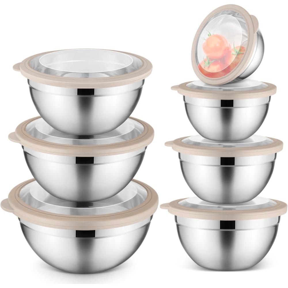 imageEfar Mixing Bowls Set of 7 Stainless Steel Mixing Bowls with Airtight Clear Lids Metal Nesting Bowls for Kitchen Prep Baking Serving Dishwasher Safe Size 46 35 3 2 15 1 07QT BlackKhaki