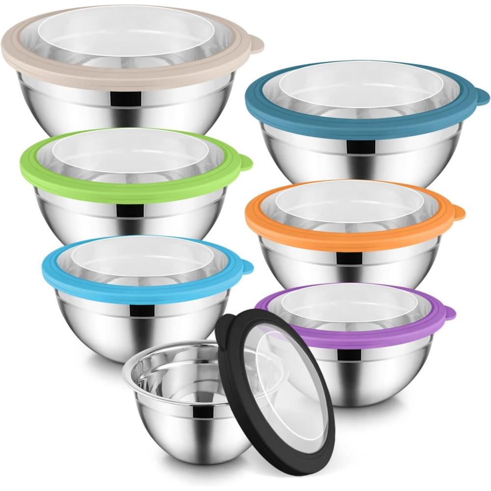 imageEfar Mixing Bowls Set of 7 Stainless Steel Mixing Bowls with Airtight Clear Lids Metal Nesting Bowls for Kitchen Prep Baking Serving Dishwasher Safe Size 46 35 3 2 15 1 07QT BlackMulticolor