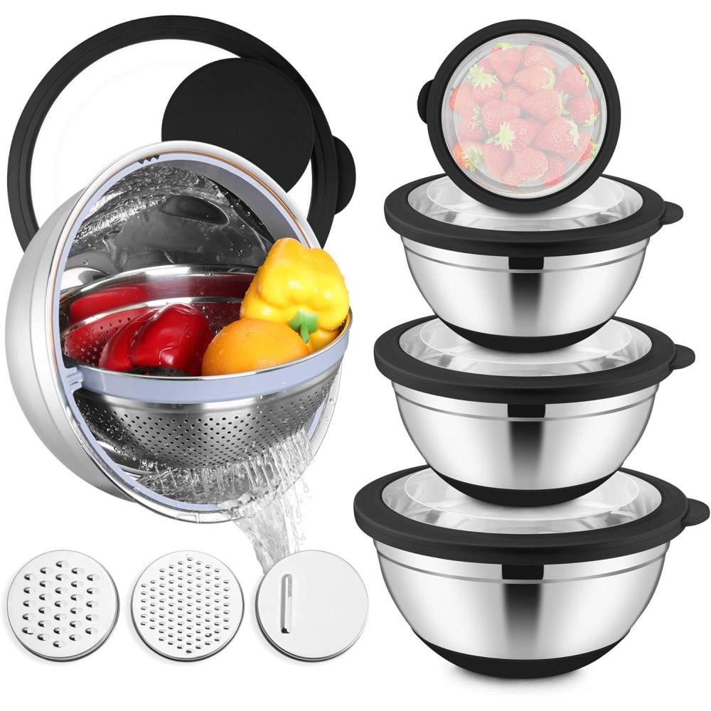 imageEfar Mixing Bowls with Lids Set 15PCS Stainless Steel Mixing Nesting Bowl with Colander amp 3 Metal Grater for Kitchen PrepBakingStorage NonSlip Bottom amp Airtight Lid 46 3 15 1 07QT KhakiBlack