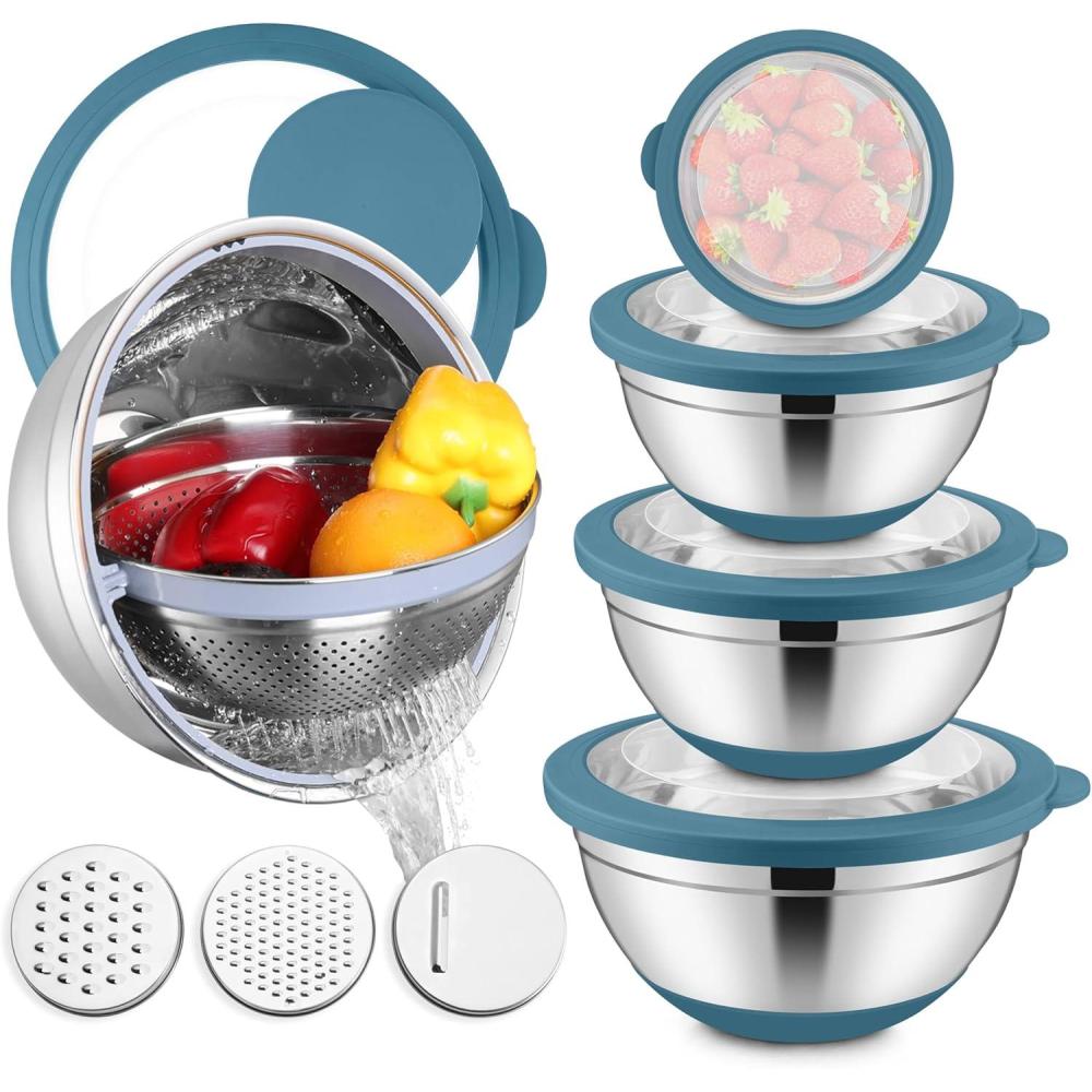 imageEfar Mixing Bowls with Lids Set 15PCS Stainless Steel Mixing Nesting Bowl with Colander amp 3 Metal Grater for Kitchen PrepBakingStorage NonSlip Bottom amp Airtight Lid 46 3 15 1 07QT KhakiBlue