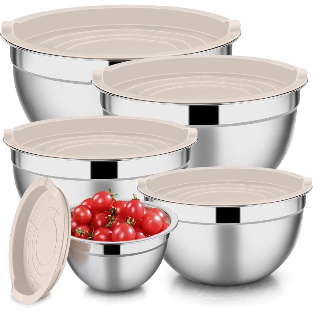 imageEfar Mixing Bowls with Lids Set of 5 Stainless Steel Mixing Bowls Metal Nesting Bowls with Airtight Lids Nontoxic amp Dishwasher Safe Great for Cooking Baking Serving Size 07115346QTKhaki