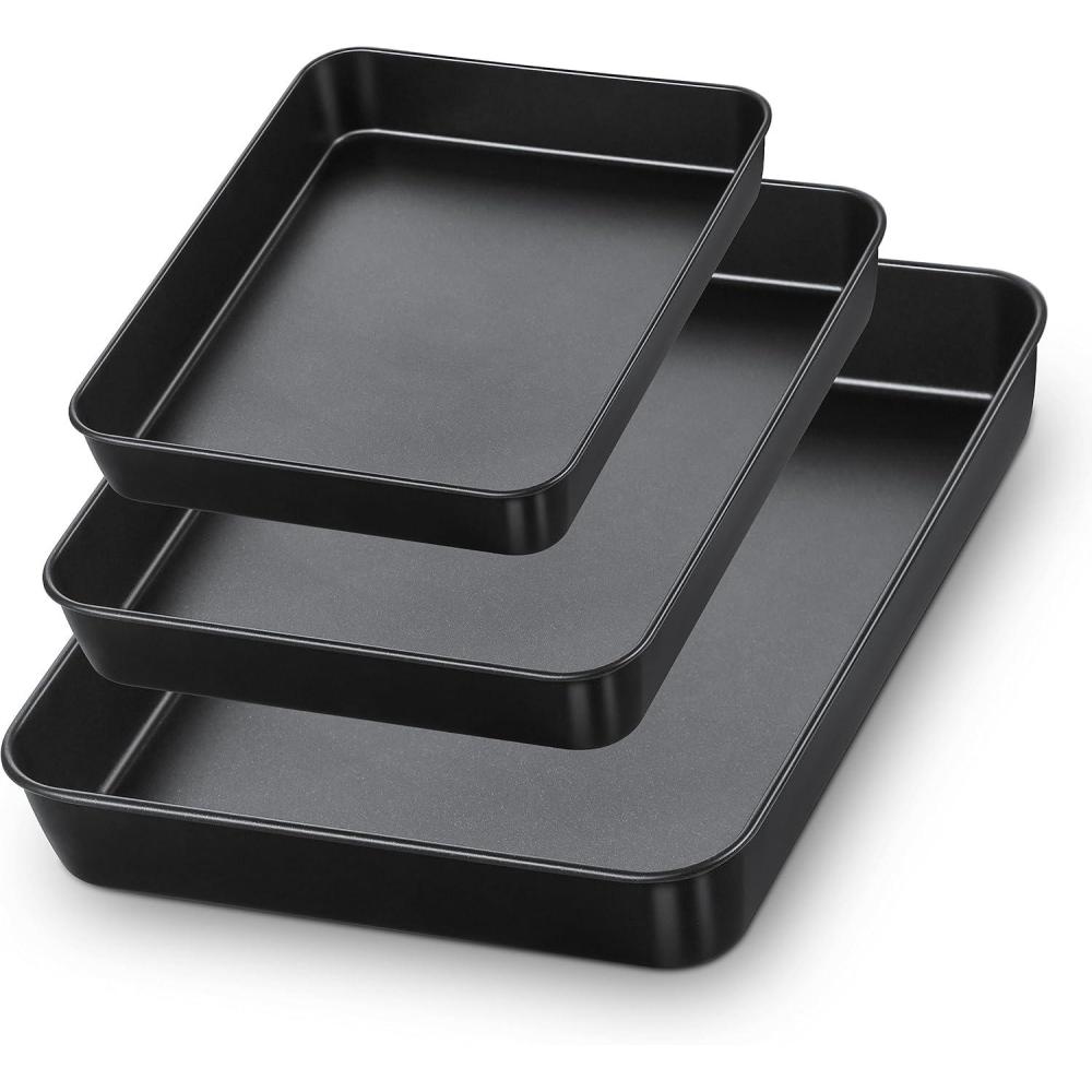 imageEfar Nonstick Baking Pans Set of 3 Rectangle Stainless Steel Sheet Cake Pan for Toaster Oven 12510594 Inch Black Bakeware for Brownie Lasagna Casserole Cake Nontoxic amp Healthy 2 inch Deep
