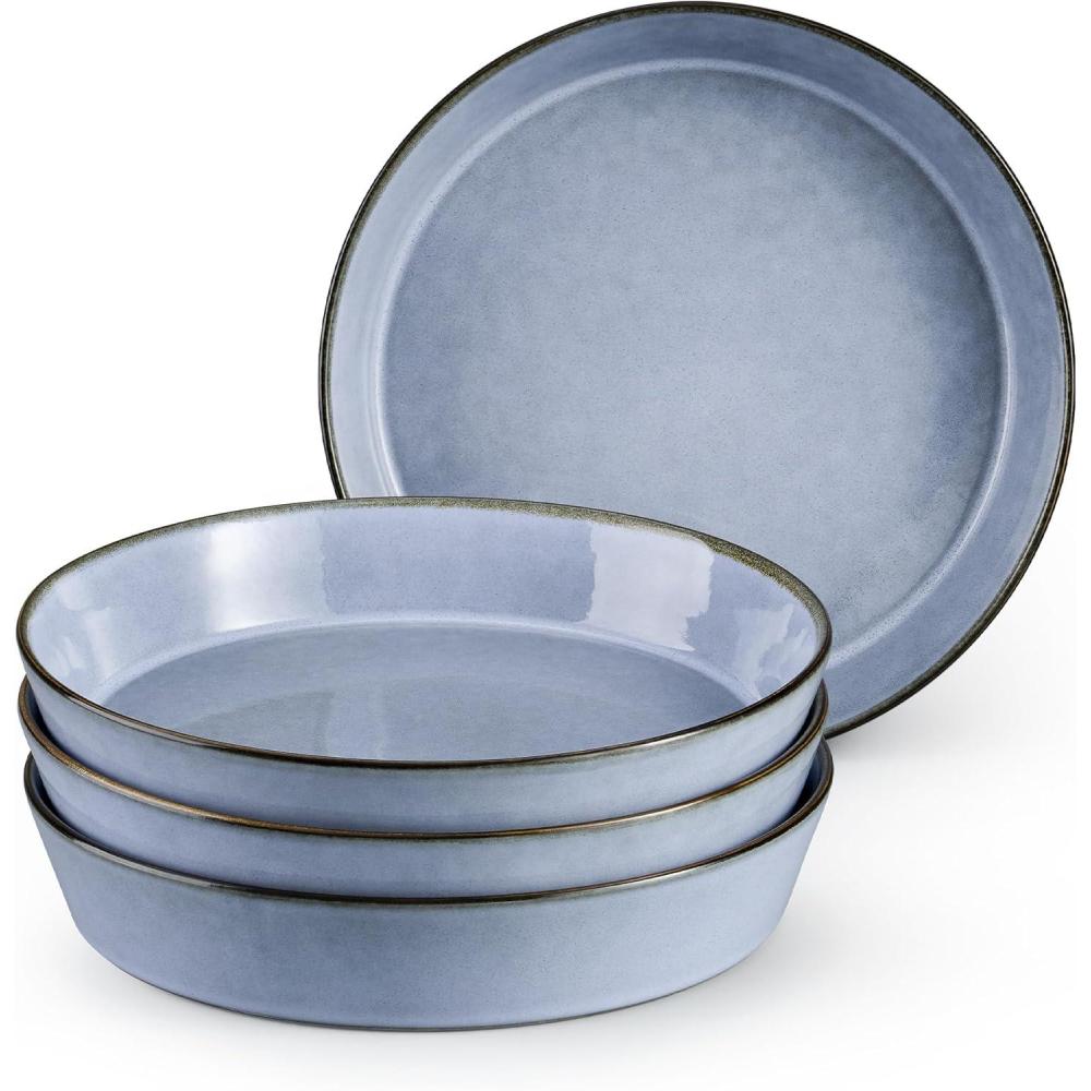 imageEfar Pasta Bowls 34oz Stoneware Bowl Plate for Dinner Serving Soup Salad Wide amp Shallow Large Ceramic Pasta Plate Set of 4 Microwave amp Dishwasher Safe Speckled White 87Ocean Blue