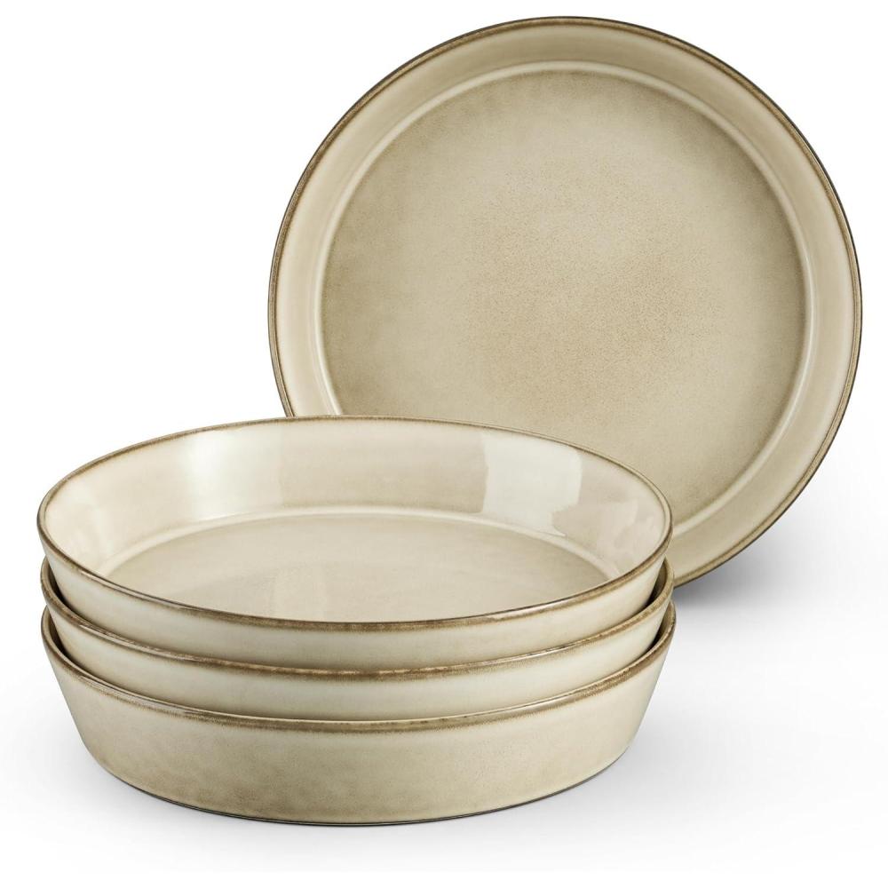 imageEfar Pasta Bowls 34oz Stoneware Bowl Plate for Dinner Serving Soup Salad Wide amp Shallow Large Ceramic Pasta Plate Set of 4 Microwave amp Dishwasher Safe Speckled White 87Sandy Khaki