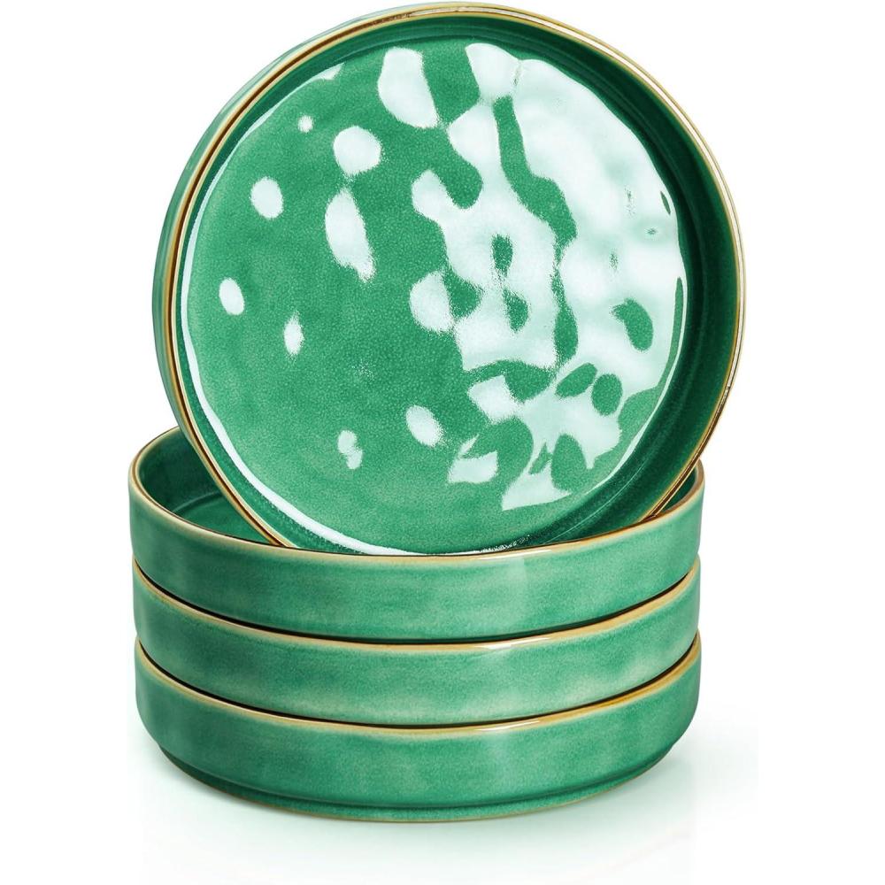 imageEfar Pasta Bowls Set of 4 35oz Large Salad Bowls for Serving Wide and Shallow Ceramic Plates for Kitchen Double Reactive Glaze Microwave and Dishwasher Safe Seashell WhiteGreen