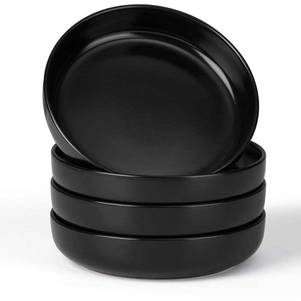 imageEfar Pasta Bowls Set of 4 35oz Large Salad Bowls for Serving Wide and Shallow Ceramic Plates for Kitchen Double Reactive Glaze Microwave and Dishwasher Safe Seashell WhiteMatte Black