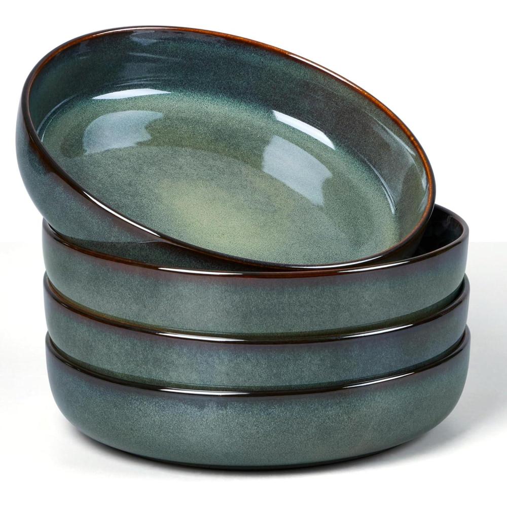 imageEfar Pasta Bowls Set of 4 35oz Large Salad Bowls for Serving Wide and Shallow Ceramic Plates for Kitchen Double Reactive Glaze Microwave and Dishwasher Safe Seashell WhiteObsidian Green