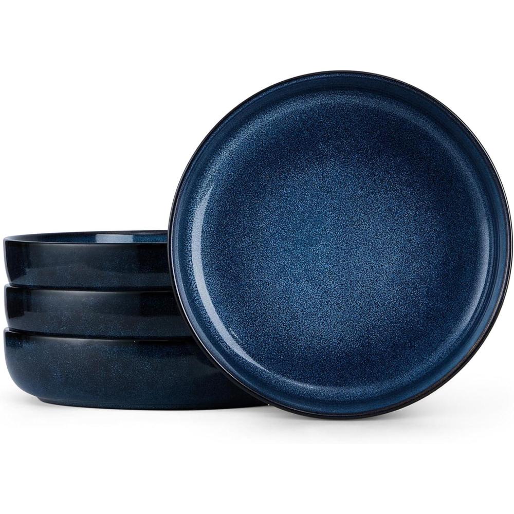imageEfar Pasta Bowls Set of 4 35oz Large Salad Bowls for Serving Wide and Shallow Ceramic Plates for Kitchen Double Reactive Glaze Microwave and Dishwasher Safe Seashell WhiteDeep Sea Blue