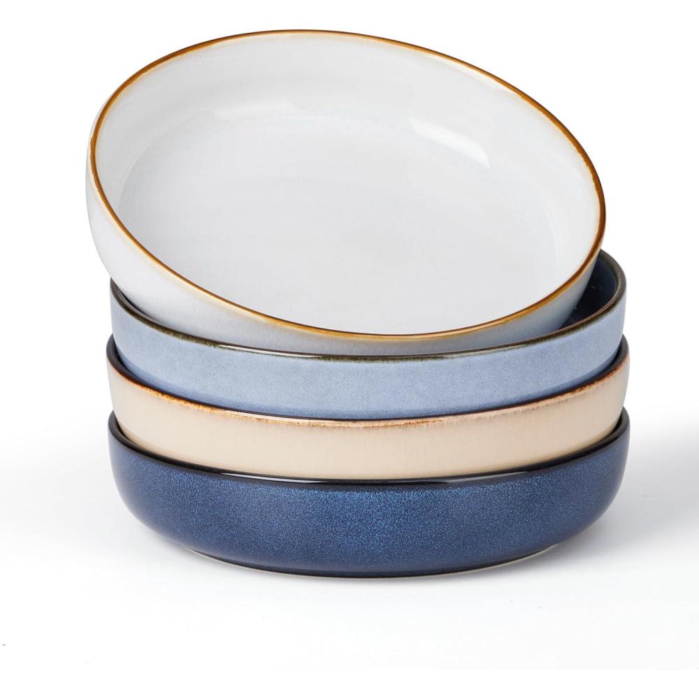 imageEfar Pasta Bowls Set of 4 35oz Large Salad Bowls for Serving Wide and Shallow Ceramic Plates for Kitchen Double Reactive Glaze Microwave and Dishwasher Safe Seashell WhiteMulticolor
