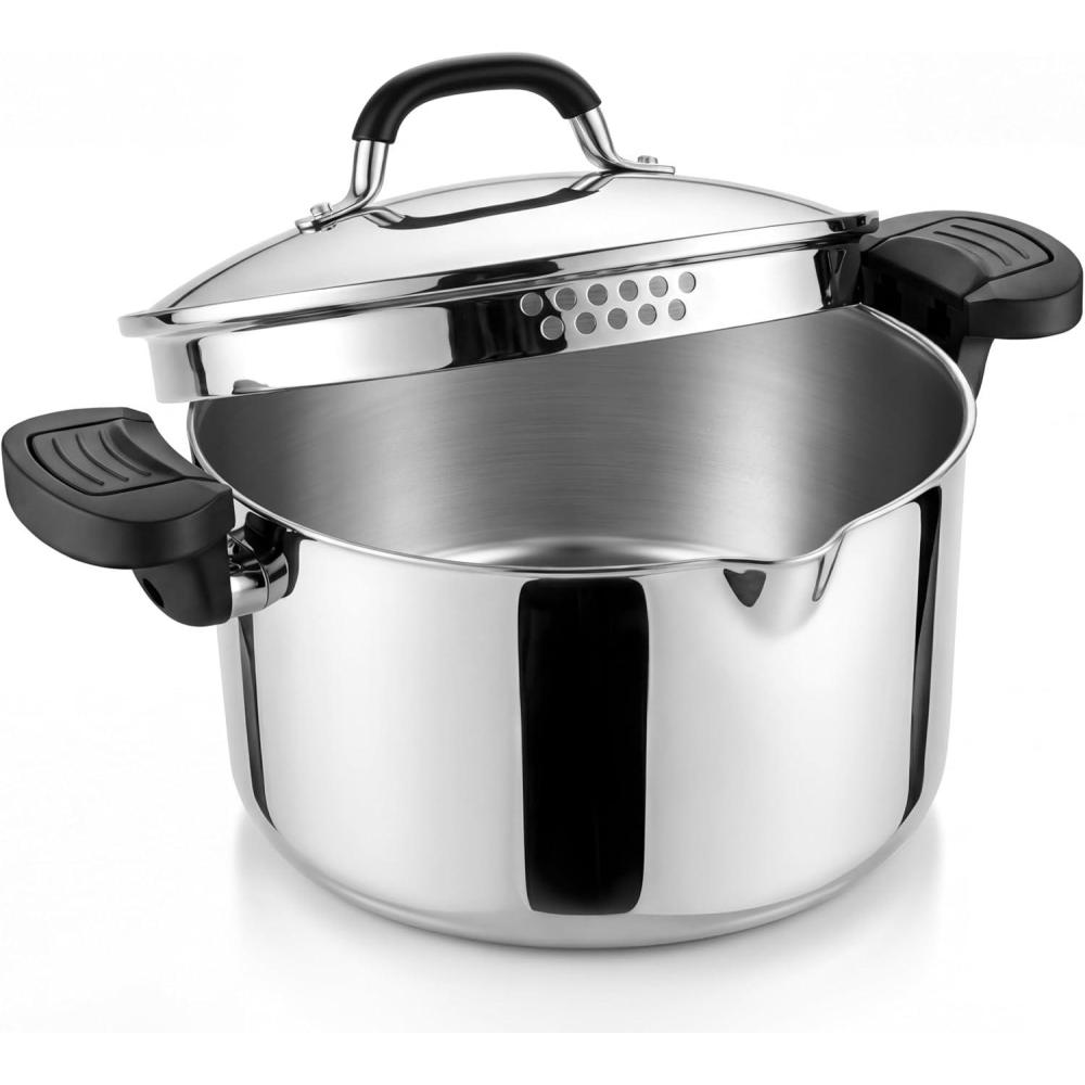 imageEfar Pasta Pot with Strainer Lid 6 Quart TriPly Stainless Steel Stock Pot amp Push and Lock Handles Nontoxic Multipurpose Cooking Pot for All Cooktops Heavy Duty amp Dishwasher Safe