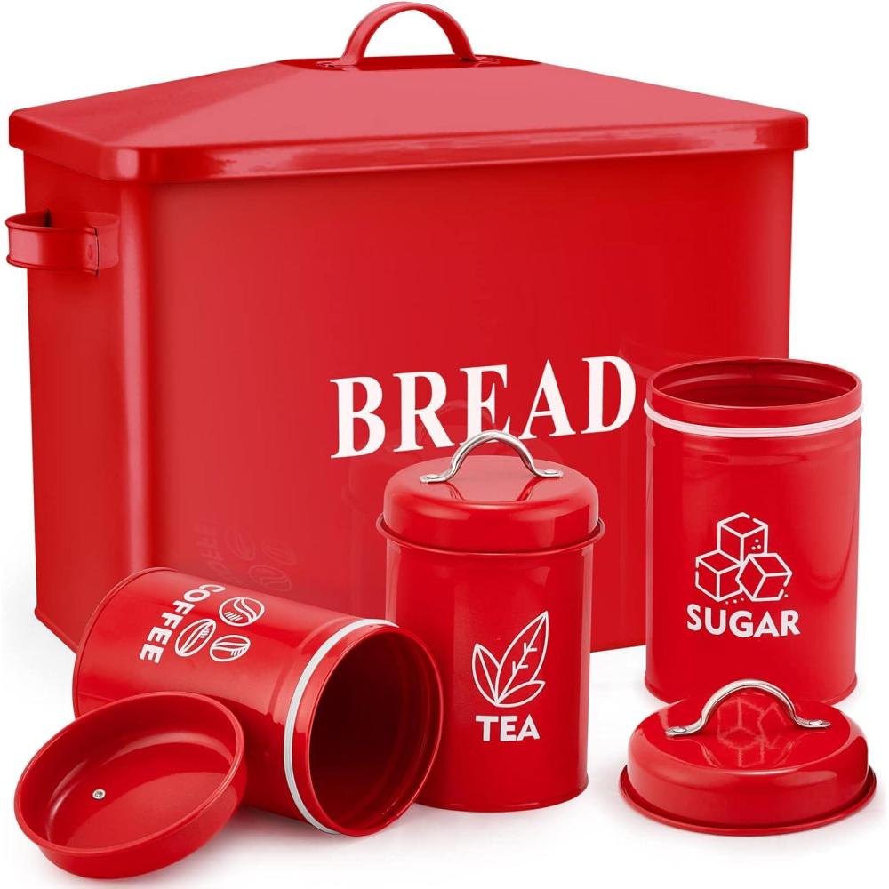 imageEfar Red Bread Box with Canister Sets for Kitchen Countertop Metal Bread Bin Storage Container Holder for Modern Farmhouse Decor Vintage Style amp Extra Large Holds 2 Loaves Sugar Coffee TeaRed